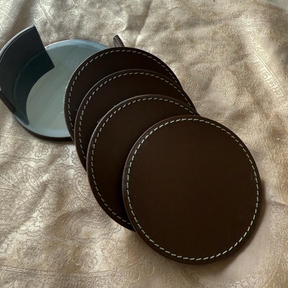 Ralph Lauren Brown Leather Coaster Set with Holder - Picture 4 of 7
